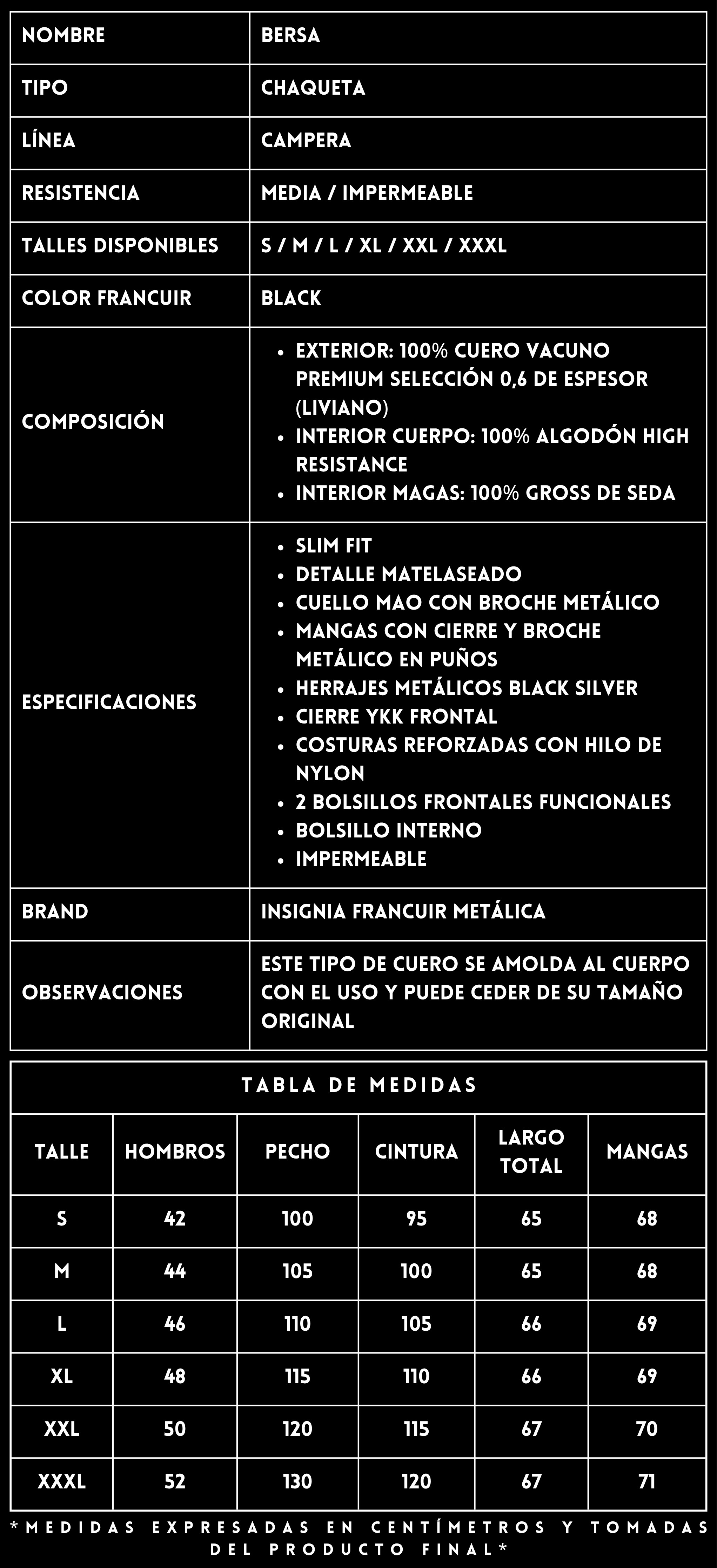 FICHA CHAQUETA BERSA BLACK DE CUERO - FRANCUIR